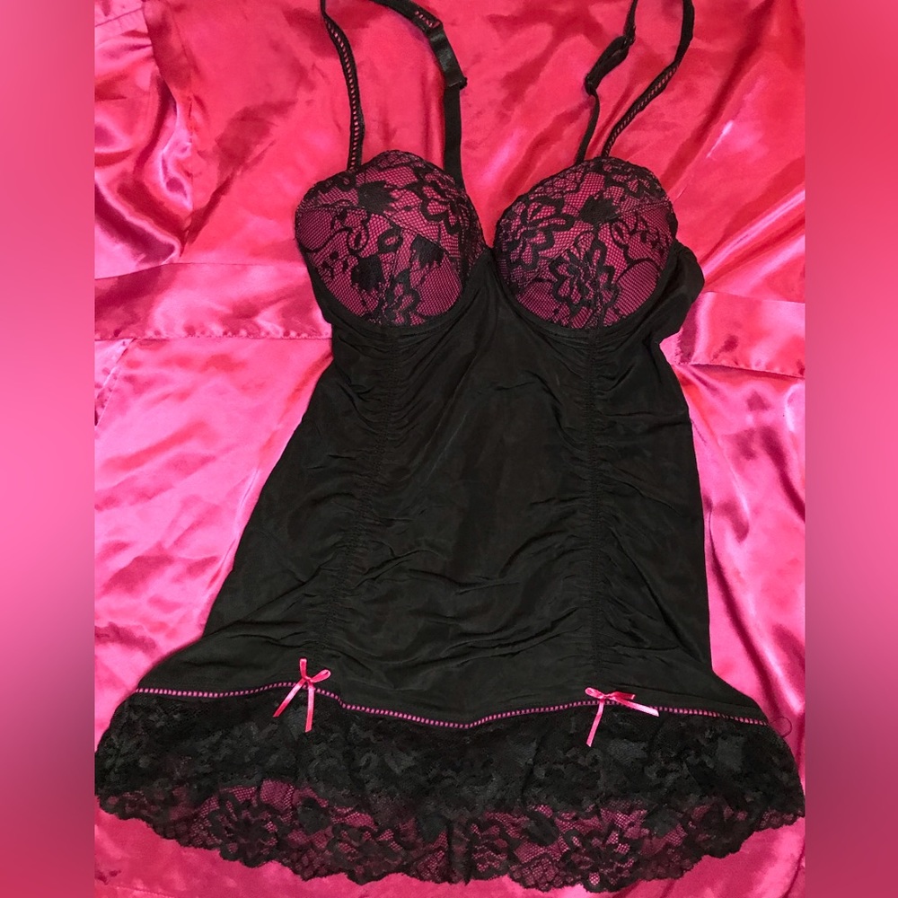 💗3/$15 Black pink lace lingerie push up chemise camisole bow detail sexy